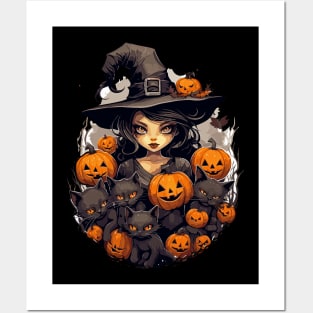Cute Halloween Witch with Black Cats and Pumpkins Posters and Art